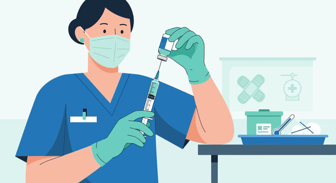 Nurse preparing vaccine injection in clinic, medical healthcare concept, illustration