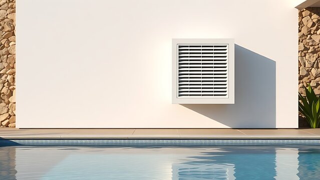 hardscape. A modern ventilation unit contrasts with natural stone in a well-lit outdoor pool area. real-estate listings.