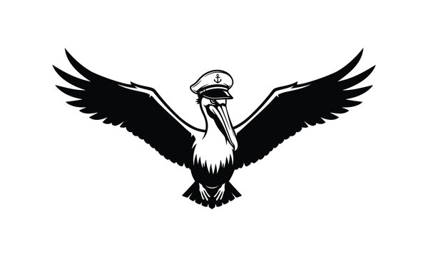 Flying pelican wearing a captain hat isolated on white background image.