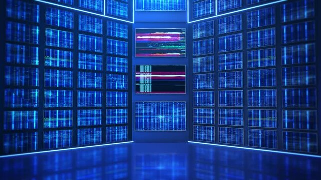 Server room world map data stream, cyber attack Data center security, malware cyberattack server room environment multiple screens global network vulnerability, warfare technology business, government