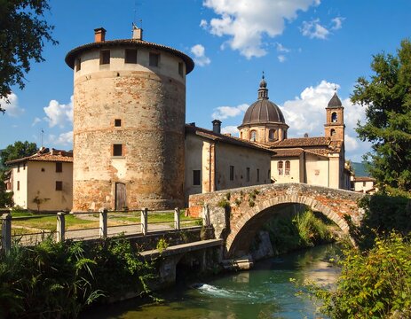 Scenic view of the Rocchetta Mattei castle and bridge in Emilia-Romagna Italy