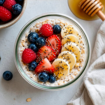 Mingau de aveia com frutas frescas, chia e mel