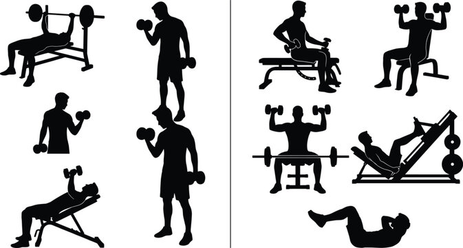 Gym workout silhouette collection with weightlifting exercises bench press dumbbell training and fitness routine set