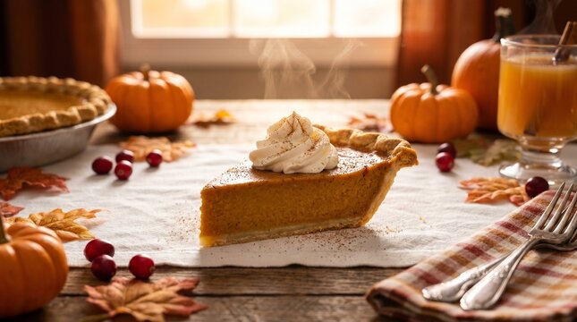 Seasonal Holiday Food Us Uk Canada Pumpkin Pie with Whipped Cream Rosette, Fall Spices,