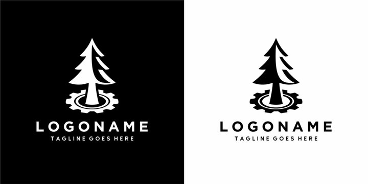 pine tree and gear vector logo