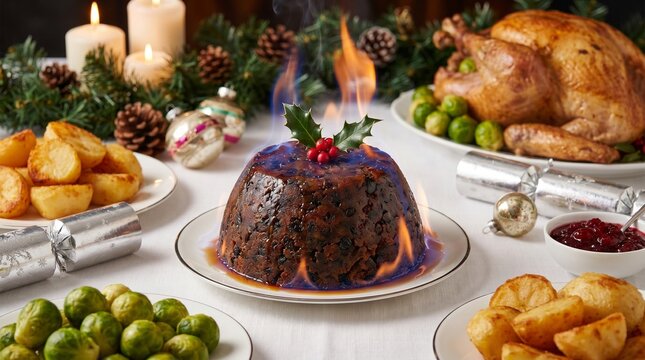 Seasonal Holiday Food Us Uk Canada Traditional Christmas Pudding Flaming with Brandy, H