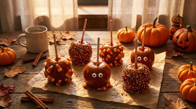Seasonal Holiday Food Us Uk Canada Halloween Caramel Apples on Sticks with Candy Corn,
