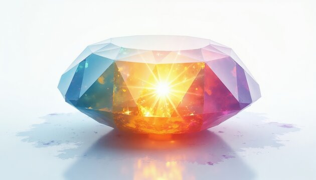 Abstract digital artwork features faceted gemstone radiating bright light from core. Geometric gem displays spectrum of rainbow colors, glowing cosmic nebula inside. Sharp edges, clean facets create