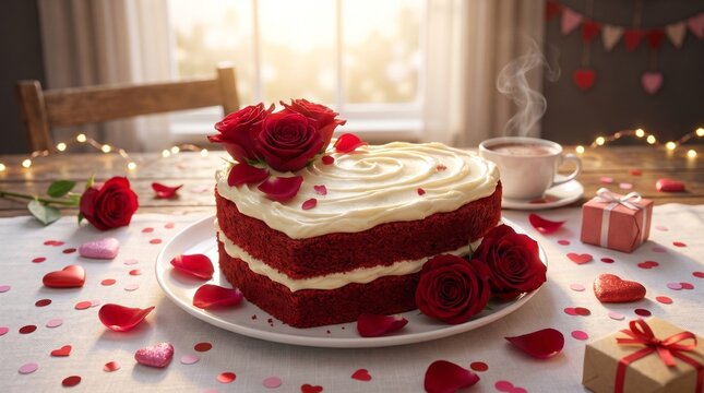 Seasonal Holiday Food Us Uk Canada Heart-shaped Red Velvet Cake with Roses, Cream Chees