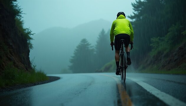 Cyclist pedals up steep wet road in heavy rain. Green jacket bright against dark landscape. Foggy mountains and trees visible. Water splashes on asphalt.