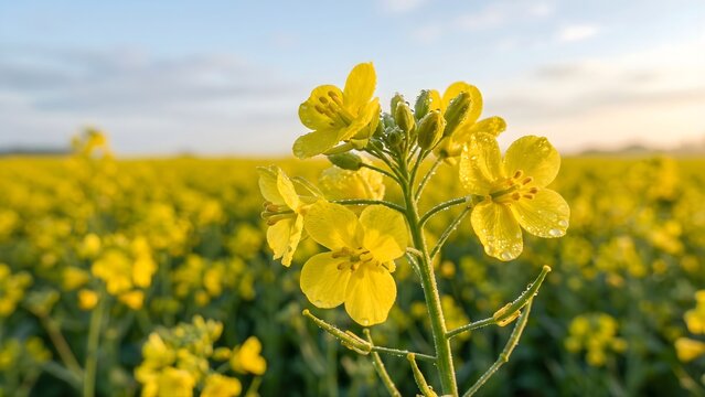 Close up of blooming canola plant covered in fresh morning dew drops against blue sky