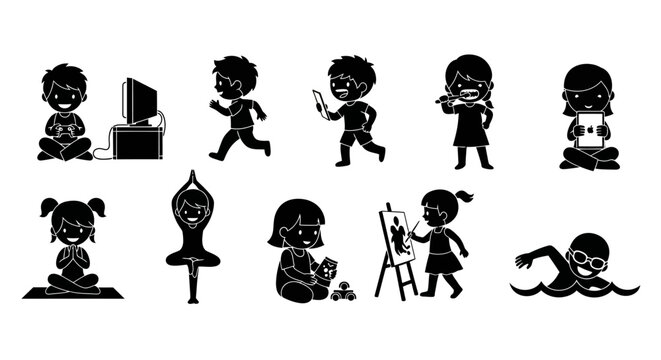 Set of Silhouette Icons of Children Engaging in Various Hobbies and Activities