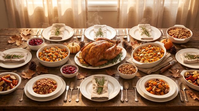 Seasonal Holiday Food Us Uk Canada Canadian Thanksgiving Harvest Table Spread with Turk