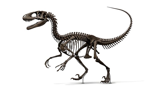 Detailed skeletal reconstruction of a prehistoric raptor dinosaur, showcasing its bone structure and predatory form.