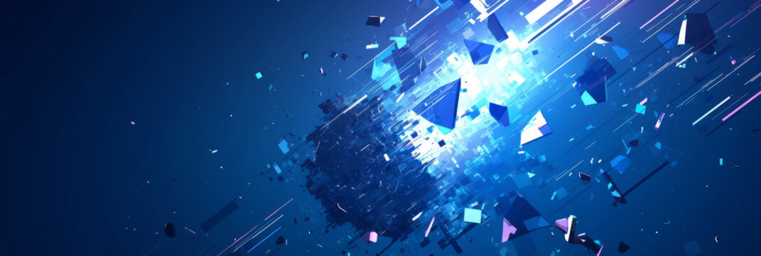 Abstract object shattering into small data particles, fragments floating in space