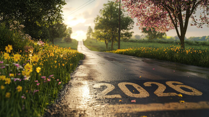 Obraz premium Springtime country road with flowers blooming 2026 painted on the road