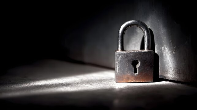 Padlock security protection concept for safety and privacy. Safeguarding valuables with a sturdy steel lock. Close-up view of an old rusty padlock on a surface.