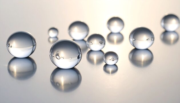 Several spherical, transparent orbs of varying sizes rest on a reflective, metallic surface, with soft light illuminating them from above