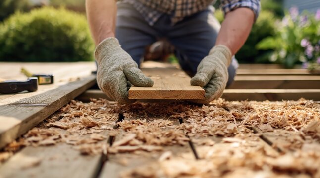 Home improvement project DIY deck building and renovation carpenter installing wood planks on outdoor patio with tools and sawdust homeowner doing repairs. High quality photo