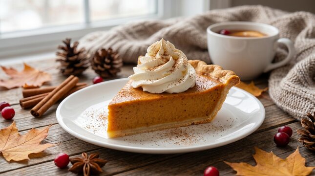 Seasonal Holiday Food Us Uk Canada Pumpkin Pie with Whipped Cream Rosette, Fall Spices,