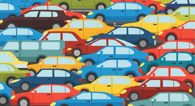 Many colorful cars packed tightly together in a traffic jam.