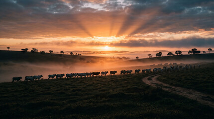 Obraz premium Paisagem rural com gado no pasto durante luz dourada do entardecer