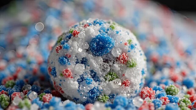 Close up macro shot of colorful crystal formations on a spherical object.