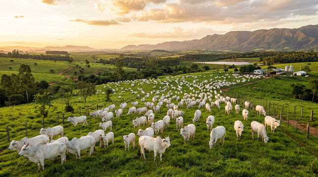Rebanho de gado Nelore em grupo no pasto e em paisagem rural