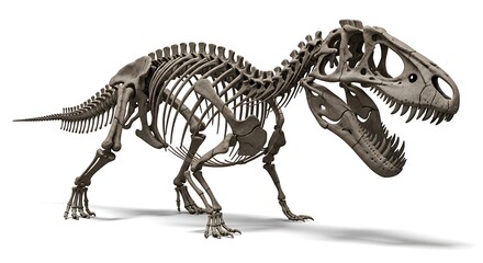 Fototapeta premium Detailed skeletal reconstruction of a large predatory dinosaur, showcasing its powerful bone structure and ancient form.