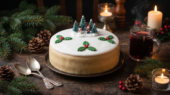 Seasonal Holiday Food Us Uk Canada British Christmas Cake with Marzipan, Royal Icing, H