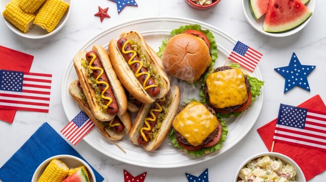Seasonal Holiday Food Us Uk Canada Summer Bbq Spread with Hot Dogs, Hamburgers, America
