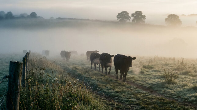 Gado bovino em fazenda com pasto, curral e paisagens da pecu&aacute;ria rural