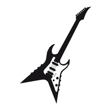 Heavy metal electric guitar silhouette vector, black and white rock music instrument icon, sharp pointed guitar body illustration for concert posters