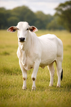 Bovino Nelore em retrato individual no pasto em ambiente rural brasileiro