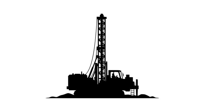 Black silhouette of a heavy industrial drilling rig isolated on white background