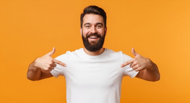 Confident smiling man pointing to himself showing pride and self-assurance against an orange background