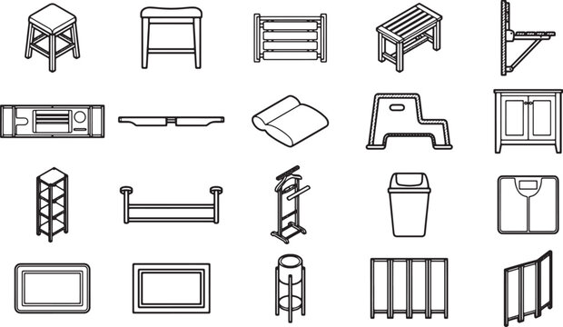 Interior design element in sketch style on plain background, showing a variety of household furniture items, this is for decoration or interior design theme usage.