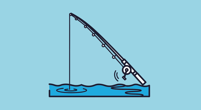 Fishing rod bent over water, waiting for a bite, outdoor hobby, leisure activity