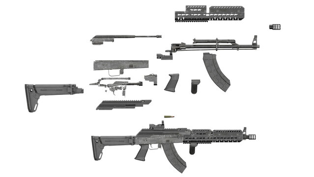 3d rendering of an ak47 rifle disassembled on a white background