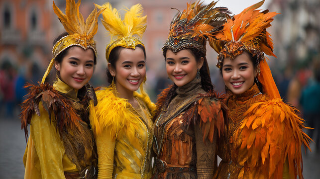 Vibrant performers showcase costumes at Festival Internazionale del Teatro di Strada in Italy with friends