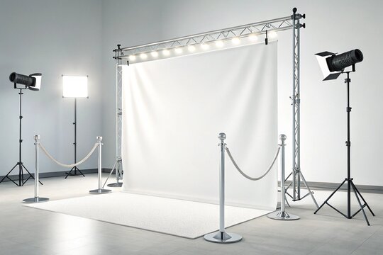 3d rendered trade show booth with blank banner display isolated on white background. Modern exhibition stand mockup template for advertising, branding, corporate presentation design use.