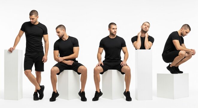 Five athletic men in black sportswear posing against a clean white backdrop studio shot