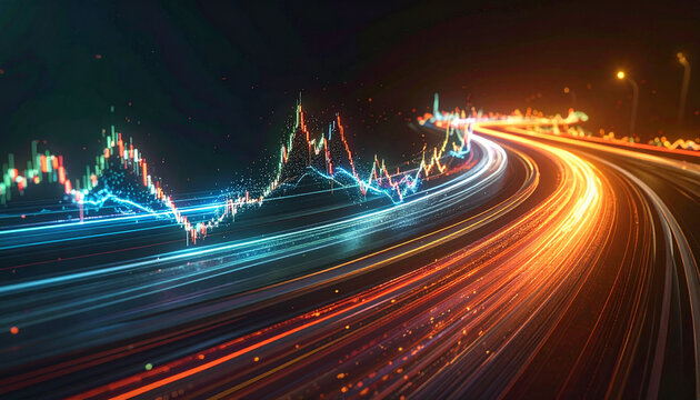 Financial Dynamics: A dynamic visual representation of fluctuating financial data intertwined with the energetic flow of a highway at night, symbolizing the rapid pace of the market.