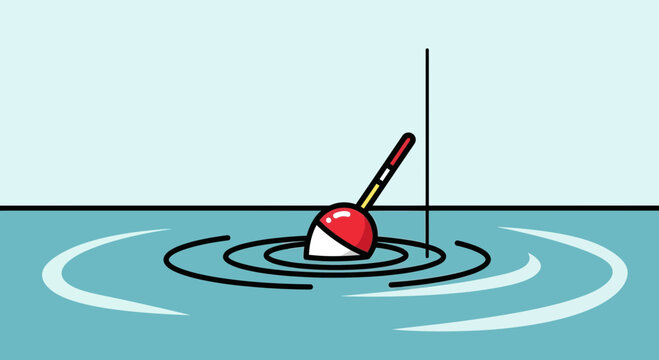 Fishing float bobber on water surface with ripples, fishing line, close up, outdoor activity