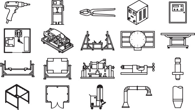 An assortment of detailed line art illustrations, meticulously rendered, showcases a variety of industrial tools and equipment. The image highlights the precision and functionality.