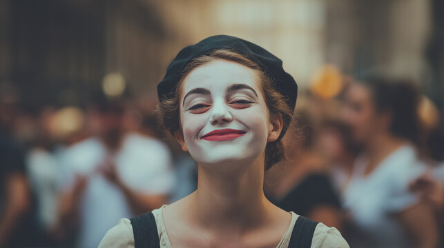 A smiling mime performs at Festival Internazionale del Teatro di Strada in a crowded street