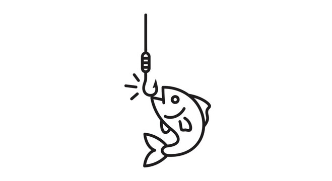 Fishing Hook Catches Fish Icon, Simple Line Art Illustration