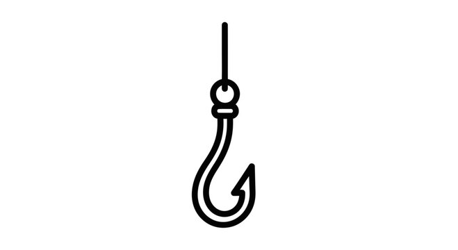 Fishing hook icon, simple line art illustration of a sharp fish hook on a string