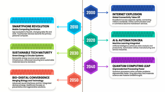 A futuristic timeline infographic showing the evolution of technology from 2000 to 2050 with key milestones and predictions for the future of computing and sustainability