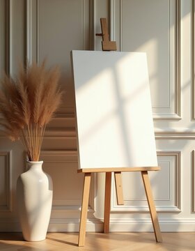 Minimalist easel displays blank canvas in well-lit room. Dried pampas grass in vase adds natural touch. Clean backdrop for event signs or art.
